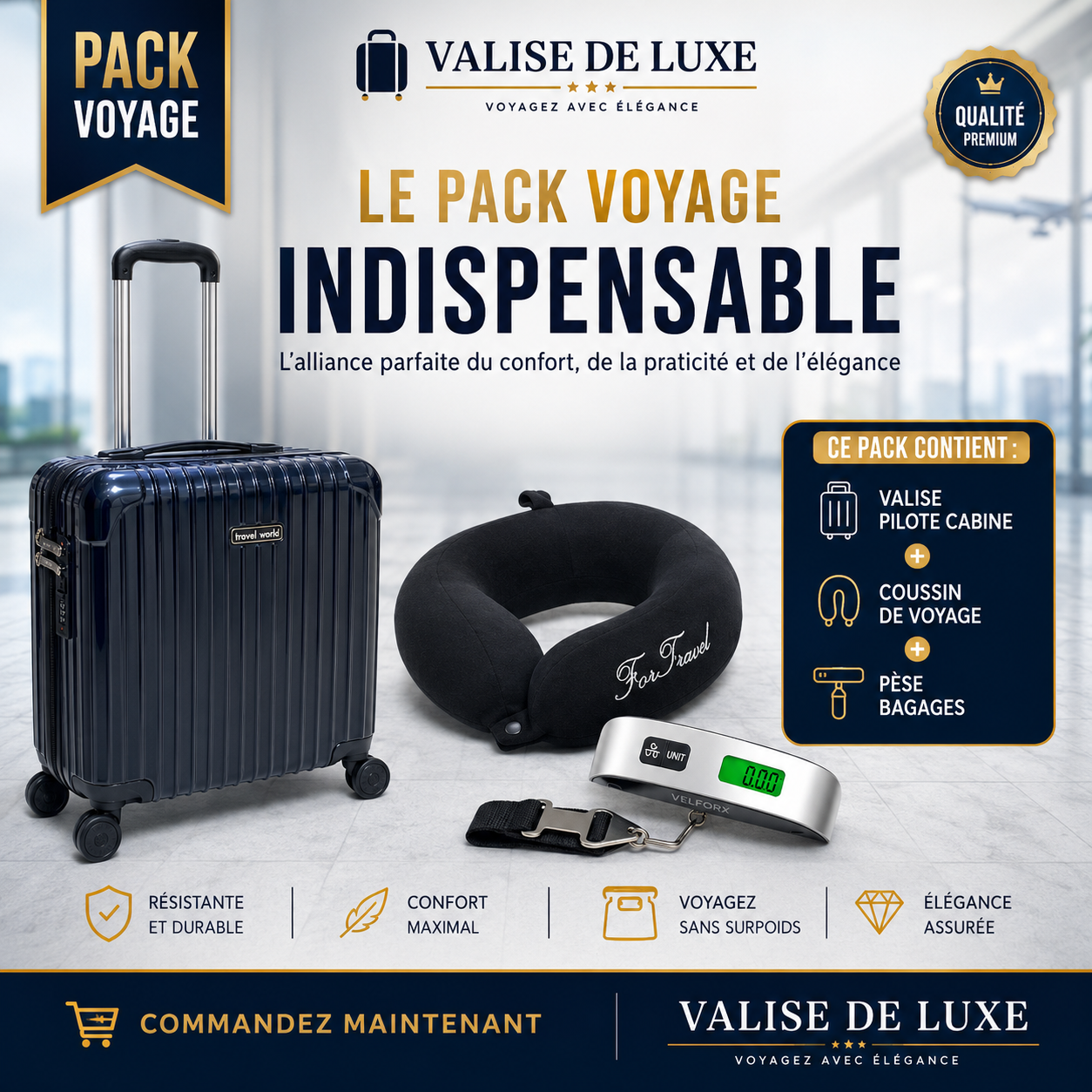 PACK VOYAGE : VALISE PILOTE + COUSSIN DE VOYAGE + PÈSE BAGAGES