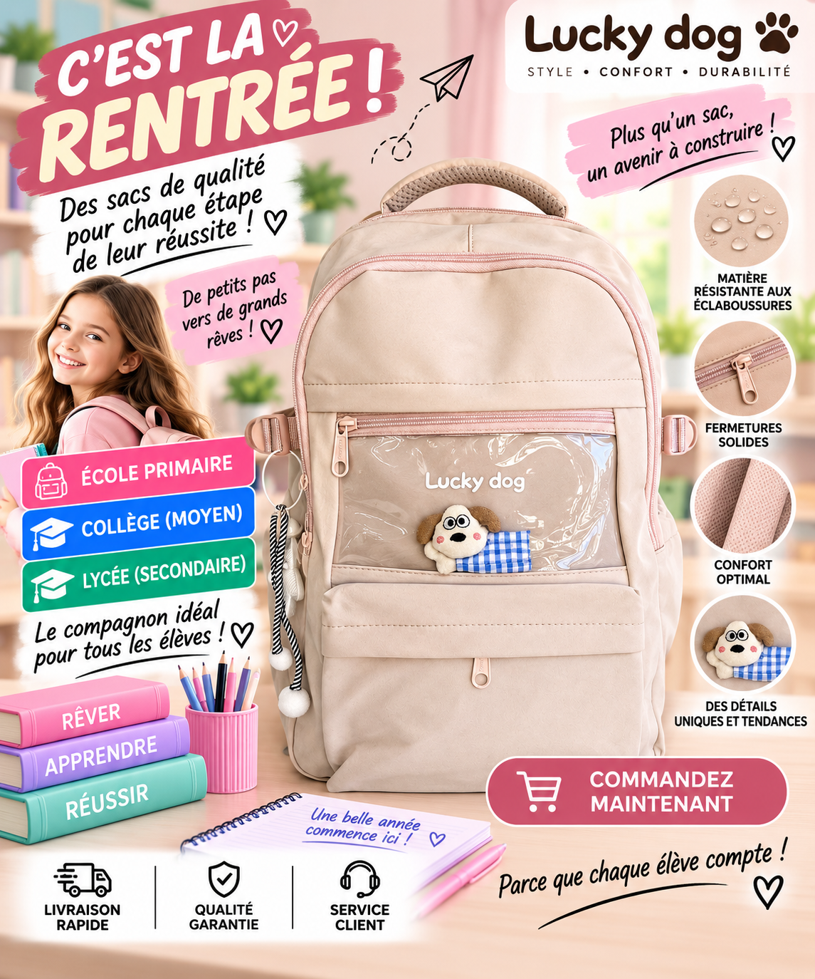 Sac à dos PRIM MOY LYCÉ S 465 rose bb